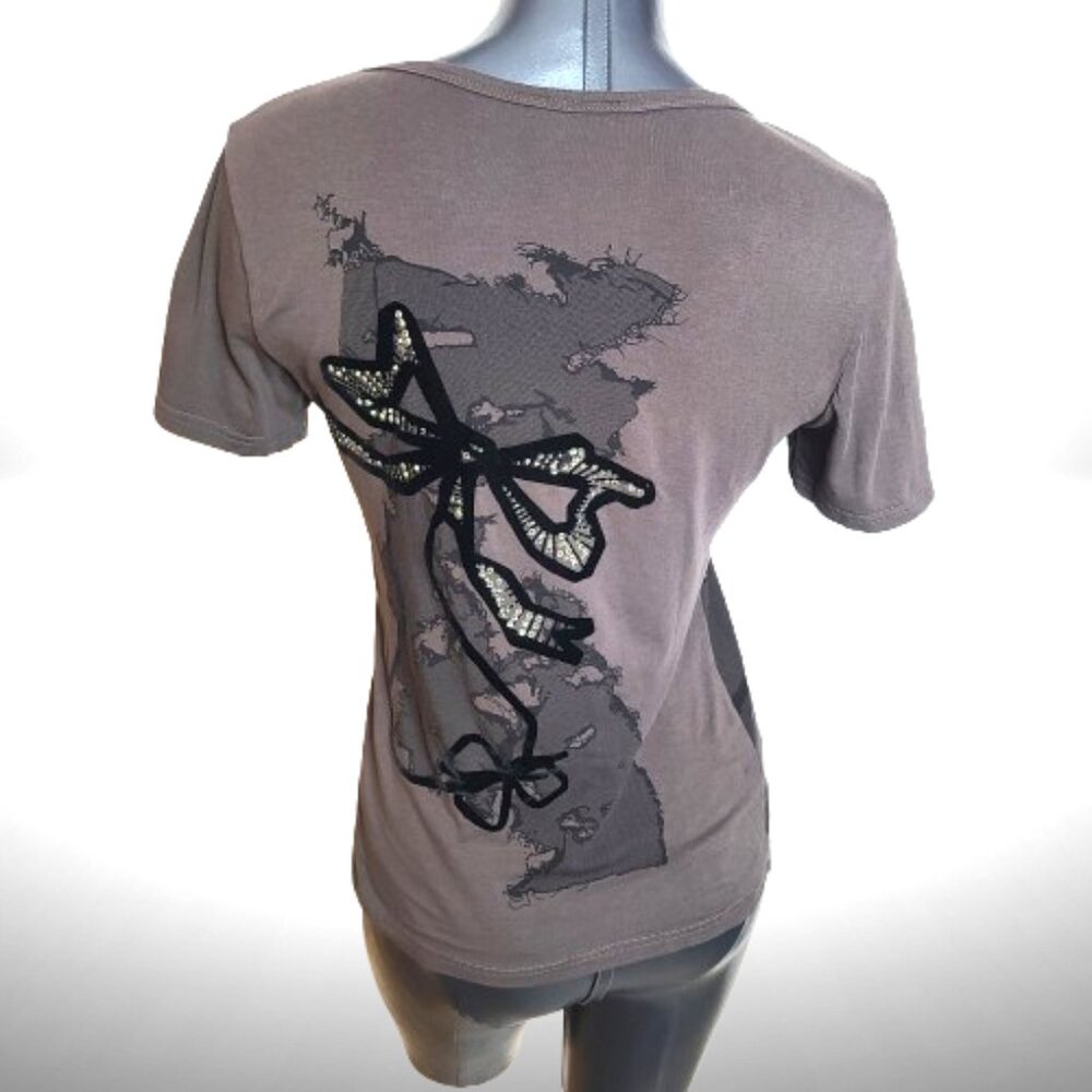 Moschino Jeans Gray Graphic Tee w/ Sequin Dragonfly | Size 42 (US 8) - Picture 12 of 15